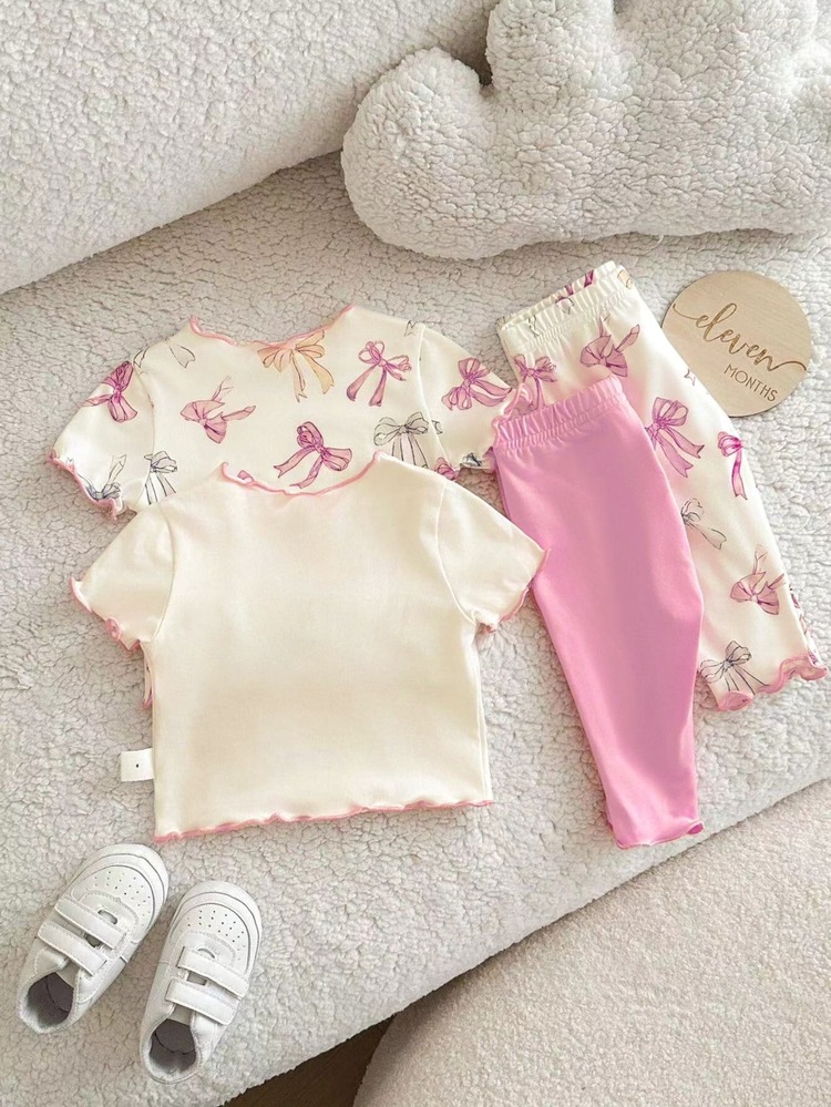 SHEIN 4pcs Newborn Baby Girl Cute Summer Knitted Casual Pink Bow Pattern Short Sleeve Top & Elastic Waist Pants Set - Beige - View 3