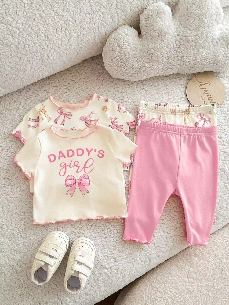 SHEIN 4pcs Newborn Baby Girl Cute Summer Knitted Casual Pink Bow Pattern Short Sleeve Top & Elastic Waist Pants Set - Beige - View 2