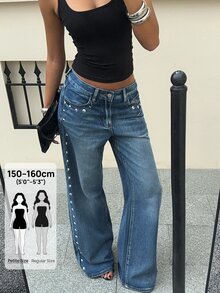 SHEIN PETITE PETITE 女款鉚釘設計口袋直筒寬鬆休閒牛仔褲，開學季夏季辦公日常外出穿搭，藍色水洗 - 藍色 - 查看 2