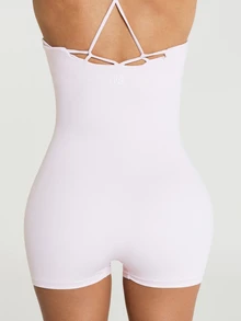 11SKNDS Strappy Crossback Jumpsuit Romper With Scoop Neck And Short Inseam Sleeveless One-Piece Jumpsuit With Sweat-Wicking & Stretchy, For Gym Workout Fitness Studio, Running, Training & Hy-Rox - Baby Pink - View 5