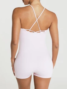 11SKNDS Strappy Crossback Jumpsuit Romper With Scoop Neck And Short Inseam Sleeveless One-Piece Jumpsuit With Sweat-Wicking & Stretchy, For Gym Workout Fitness Studio, Running, Training & Hy-Rox - Baby Pink - View 3