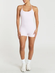 11SKNDS Strappy Crossback Jumpsuit Romper With Scoop Neck And Short Inseam Sleeveless One-Piece Jumpsuit With Sweat-Wicking & Stretchy, For Gym Workout Fitness Studio, Running, Training & Hy-Rox - Baby Pink - View 6