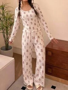 SHEIN 青少年女孩可愛熊圖案長袖睡衣 2件套，舒適秋季居家睡衣 - 卡其色 - 查看 1