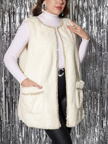 Reflora Plus Size Women's Colorblock Casual Elegant Versatile Winter Faux Fur Coat Formal High Tea Evening White - Beige - View 5