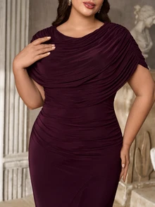 Aureia Plus Size Dark Purple Elegant Beaded Patchwork Chiffon Flowy Formal Prom Evening Gown For Wedding Guest Party Banquet Cocktail Party Ball Fall - Brown - View 8