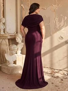 Aureia Plus Size Dark Purple Elegant Beaded Patchwork Chiffon Flowy Formal Prom Evening Gown For Wedding Guest Party Banquet Cocktail Party Ball Fall - Brown - View 5