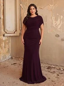 Aureia Plus Size Dark Purple Elegant Beaded Patchwork Chiffon Flowy Formal Prom Evening Gown For Wedding Guest Party Banquet Cocktail Party Ball Fall - Brown - View 7