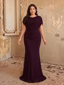 Aureia Plus Size Dark Purple Elegant Beaded Patchwork Chiffon Flowy Formal Prom Evening Gown For Wedding Guest Party Banquet Cocktail Party Ball Fall - Brown - View 12