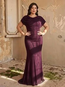 Aureia Plus Size Dark Purple Elegant Beaded Patchwork Chiffon Flowy Formal Prom Evening Gown For Wedding Guest Party Banquet Cocktail Party Ball Fall - Brown - View 10