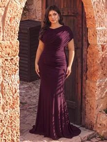 Aureia Plus Size Dark Purple Elegant Beaded Patchwork Chiffon Flowy Formal Prom Evening Gown For Wedding Guest Party Banquet Cocktail Party Ball Fall - Brown - View 11