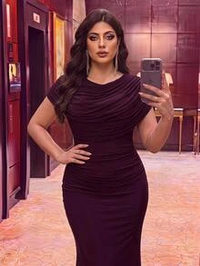 Aureia Plus Size Dark Purple Elegant Beaded Patchwork Chiffon Flowy Formal Prom Evening Gown For Wedding Guest Party Banquet Cocktail Party Ball Fall - Brown - View 6