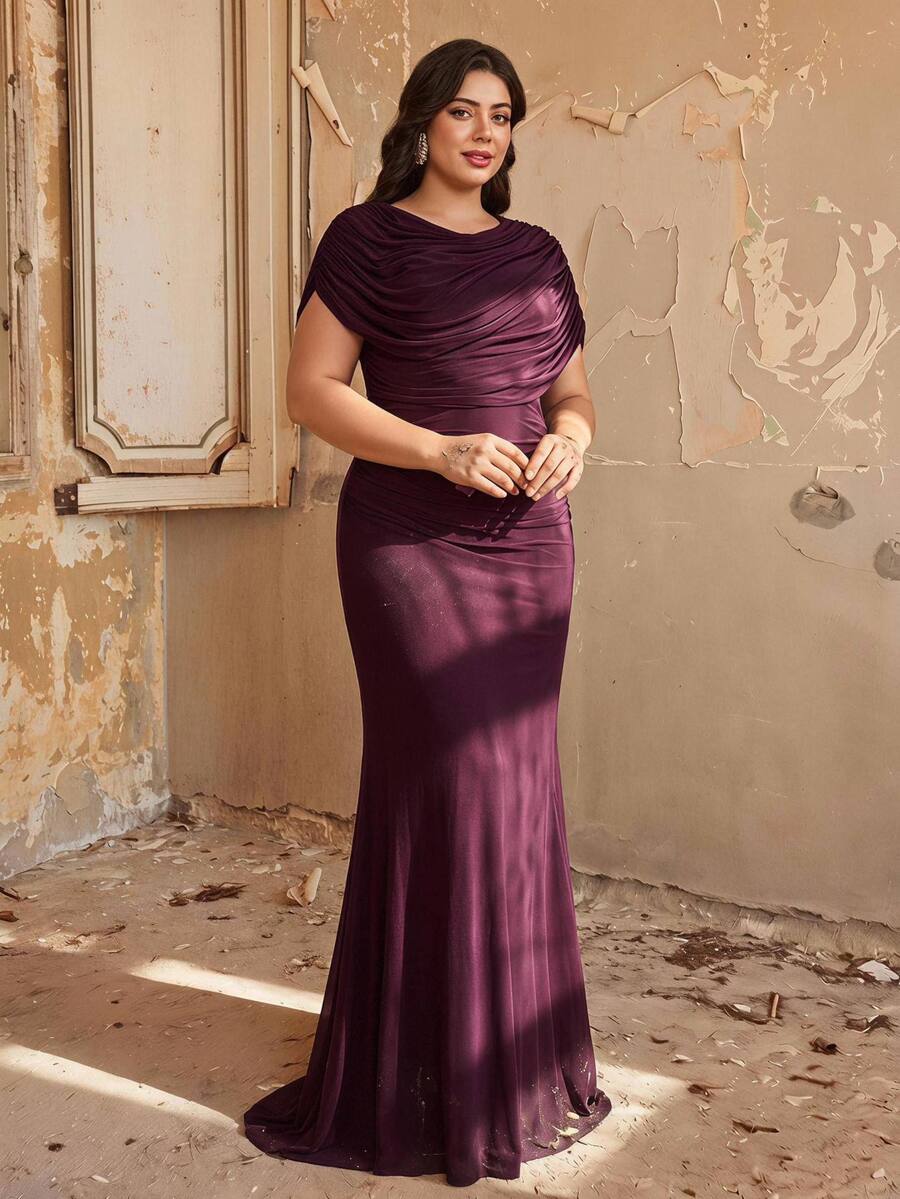 Aureia Plus Size Dark Purple Elegant Beaded Patchwork Chiffon Flowy Formal Prom Evening Gown For Wedding Guest Party Banquet Cocktail Party Ball Fall