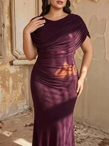 Aureia Plus Size Dark Purple Elegant Beaded Patchwork Chiffon Flowy Formal Prom Evening Gown For Wedding Guest Party Banquet Cocktail Party Ball Fall - Brown - View 3