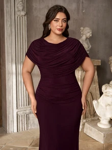 Aureia Plus Size Dark Purple Elegant Beaded Patchwork Chiffon Flowy Formal Prom Evening Gown For Wedding Guest Party Banquet Cocktail Party Ball Fall - Brown - View 9