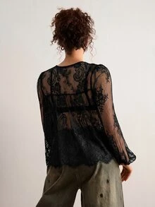 Freevana 女款蕾絲貝殼鈕扣透視襯衫 大尺碼 寬鬆優雅 日常街頭穿著 通勤 婚禮賓客 晚餐 度假 夏季 秋季 黑色 - 黑色 - 查看 11