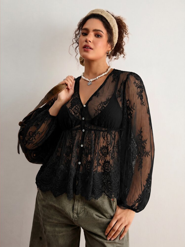 Freevana Women's Lace Shell Button Sheer Blouse Plus Size Loose Elegant Daily Street Wear Commute Wedding Guest Dinner Vacation Summer Black Fall - Black - View 15