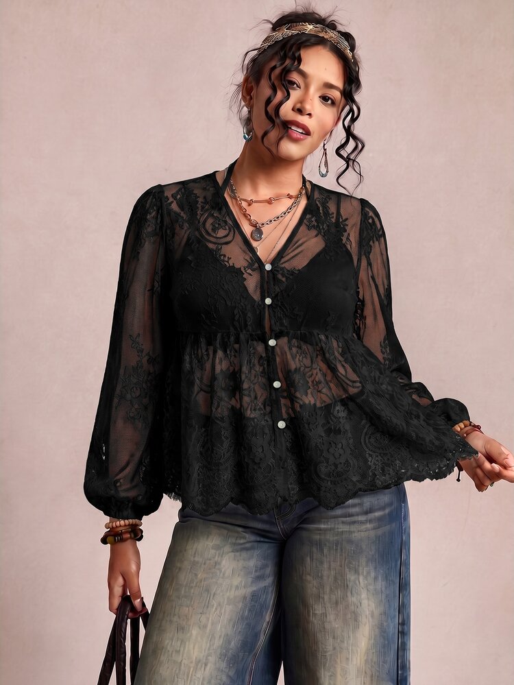 Freevana Women's Lace Shell Button Sheer Blouse Plus Size Loose Elegant Daily Street Wear Commute Wedding Guest Dinner Vacation Summer Black Fall - Black - View 8