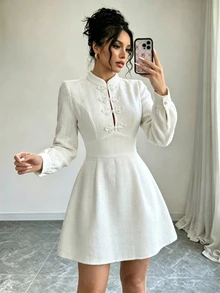 SHEIN Women's Solid Color Textured Coarse Spun Fabric Stand Collar Chinese Frog Button Decor Waisted A-Line Long Sleeve Dress Off-White Elegant Fall Brunch - White - View 9