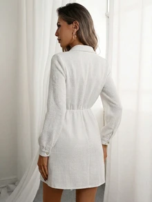 SHEIN Women's Solid Color Textured Coarse Spun Fabric Stand Collar Chinese Frog Button Decor Waisted A-Line Long Sleeve Dress Off-White Elegant Fall Brunch - White - View 3