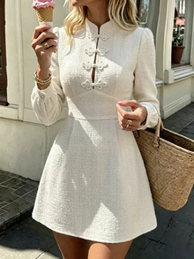 SHEIN Women's Solid Color Textured Coarse Spun Fabric Stand Collar Chinese Frog Button Decor Waisted A-Line Long Sleeve Dress Off-White Elegant Fall Brunch - White - View 8