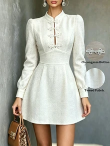 SHEIN Women's Solid Color Textured Coarse Spun Fabric Stand Collar Chinese Frog Button Decor Waisted A-Line Long Sleeve Dress Off-White Elegant Fall Brunch - White - View 5