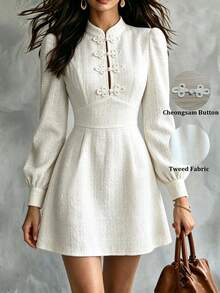SHEIN Women's Solid Color Textured Coarse Spun Fabric Stand Collar Chinese Frog Button Decor Waisted A-Line Long Sleeve Dress Off-White Elegant Fall Brunch - White - View 6