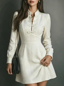 SHEIN Women's Solid Color Textured Coarse Spun Fabric Stand Collar Chinese Frog Button Decor Waisted A-Line Long Sleeve Dress Off-White Elegant Fall Brunch - White - View 7