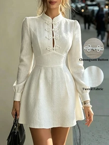 SHEIN Women's Solid Color Textured Coarse Spun Fabric Stand Collar Chinese Frog Button Decor Waisted A-Line Long Sleeve Dress Off-White Elegant Fall Brunch - White - View 2