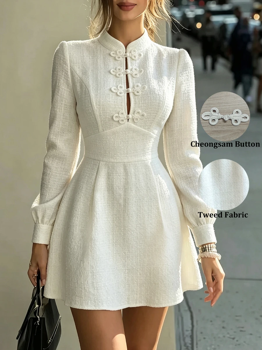 SHEIN Women's Solid Color Textured Coarse Spun Fabric Stand Collar Chinese Frog Button Decor Waisted A-Line Long Sleeve Dress Off-White Elegant Fall Brunch