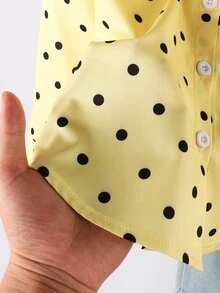 SHEIN Elladie kids 女童黃底黑波點翻領鈕扣長袖襯衫，韓風寬鬆少女上衣，適合春秋日常與校園穿著 - 黃色 - 查看 4