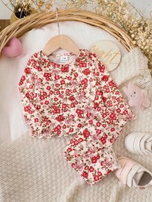 SHEIN Set Baju Bayi Perempuan Baru Lahir: Atasan Lengan Panjang Motif Bunga Bergaris dan Celana Panjang Pinggang Elastis, Pakaian Santai Bayi yang Nyaman dan Modis - Berwarna merah muda - View 2