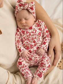 SHEIN Set Baju Bayi Perempuan Baru Lahir: Atasan Lengan Panjang Motif Bunga Bergaris dan Celana Panjang Pinggang Elastis, Pakaian Santai Bayi yang Nyaman dan Modis - Berwarna merah muda - View 6
