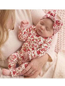 SHEIN Set Baju Bayi Perempuan Baru Lahir: Atasan Lengan Panjang Motif Bunga Bergaris dan Celana Panjang Pinggang Elastis, Pakaian Santai Bayi yang Nyaman dan Modis - Berwarna merah muda - View 1