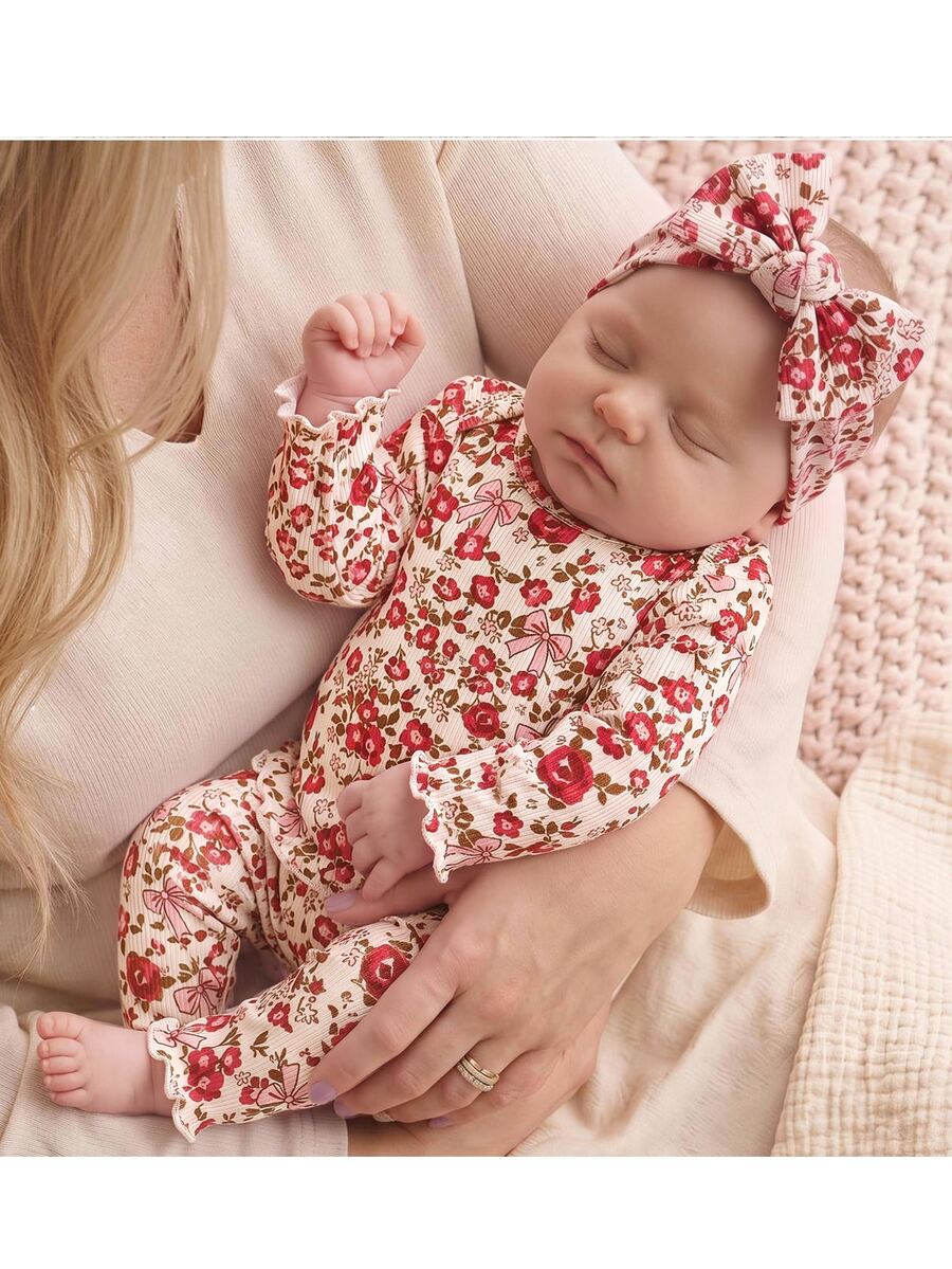 SHEIN Set Baju Bayi Perempuan Baru Lahir: Atasan Lengan Panjang Motif Bunga Bergaris dan Celana Panjang Pinggang Elastis, Pakaian Santai Bayi yang Nyaman dan Modis - Berwarna merah muda - View 1