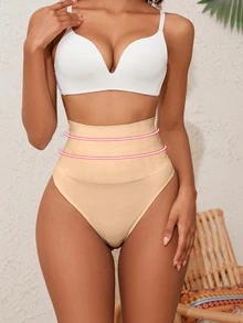SHEIN 女款純色高腰收腹丁字褲 - 米色 - 查看 2