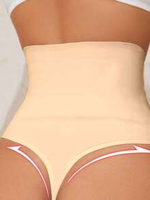 SHEIN 女款純色高腰收腹丁字褲 - 米色 - 查看 3