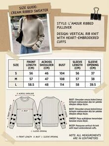 SHEIN Women's Heart Print Sleeve Knit Sweater Long Sleeve Crew Neck Ribbed Pullover - Apricot - View 7
