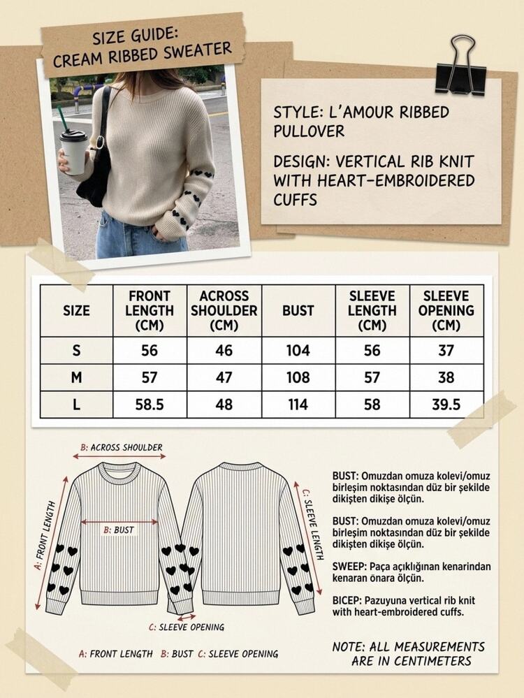 SHEIN Women's Heart Print Sleeve Knit Sweater Long Sleeve Crew Neck Ribbed Pullover - Apricot - View 7