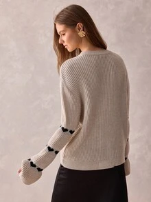SHEIN Women's Heart Print Sleeve Knit Sweater Long Sleeve Crew Neck Ribbed Pullover - Apricot - View 3