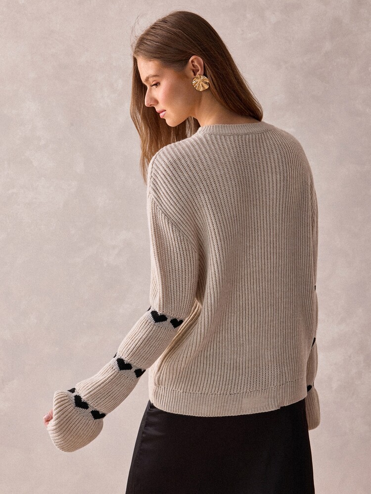 SHEIN Women's Heart Print Sleeve Knit Sweater Long Sleeve Crew Neck Ribbed Pullover - Apricot - View 3