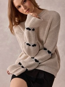 SHEIN Women's Heart Print Sleeve Knit Sweater Long Sleeve Crew Neck Ribbed Pullover - Apricot - View 2