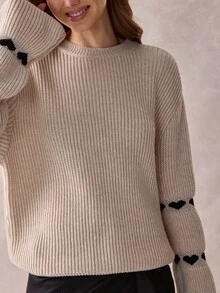 SHEIN Women's Heart Print Sleeve Knit Sweater Long Sleeve Crew Neck Ribbed Pullover - Apricot - View 5