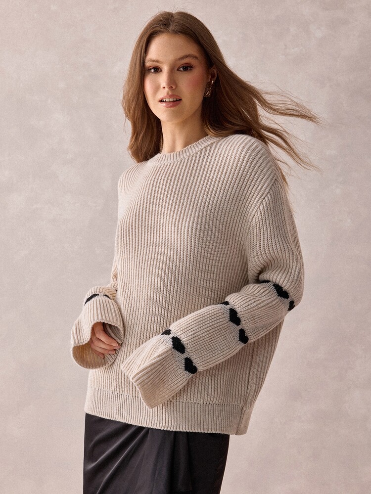 SHEIN Women's Heart Print Sleeve Knit Sweater Long Sleeve Crew Neck Ribbed Pullover - Apricot - View 4