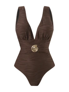 Swim Oasis 新款女士纯色提花V领连体泳衣，搭配印花网纱沙滩罩裙，休闲夏季度假泳装套装 - 咖啡棕 - 查看 3