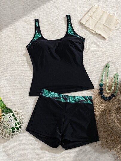 Swim Lushoire Set Tankini Patchwork Motif Tropis Pantai Musim Panas Wanita