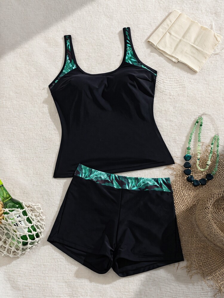Swim Lushoire Women's Summer Beach Tropical Print Patchwork Tankini Set - Black - View 3