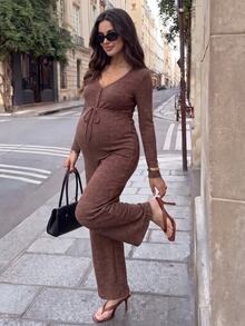 SHEIN جمبسوت كاجوال للحوامل للتنقل اليومي بلون موحد وأكمام طويلة للخريف - بني - مشاهدة 11