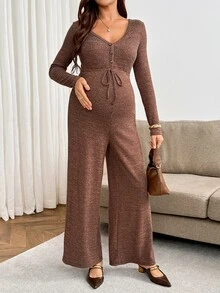 SHEIN جمبسوت كاجوال للحوامل للتنقل اليومي بلون موحد وأكمام طويلة للخريف - بني - مشاهدة 6