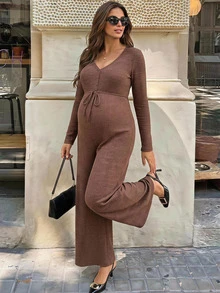 SHEIN جمبسوت كاجوال للحوامل للتنقل اليومي بلون موحد وأكمام طويلة للخريف - بني - مشاهدة 12