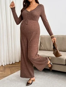 SHEIN جمبسوت كاجوال للحوامل للتنقل اليومي بلون موحد وأكمام طويلة للخريف - بني - مشاهدة 10